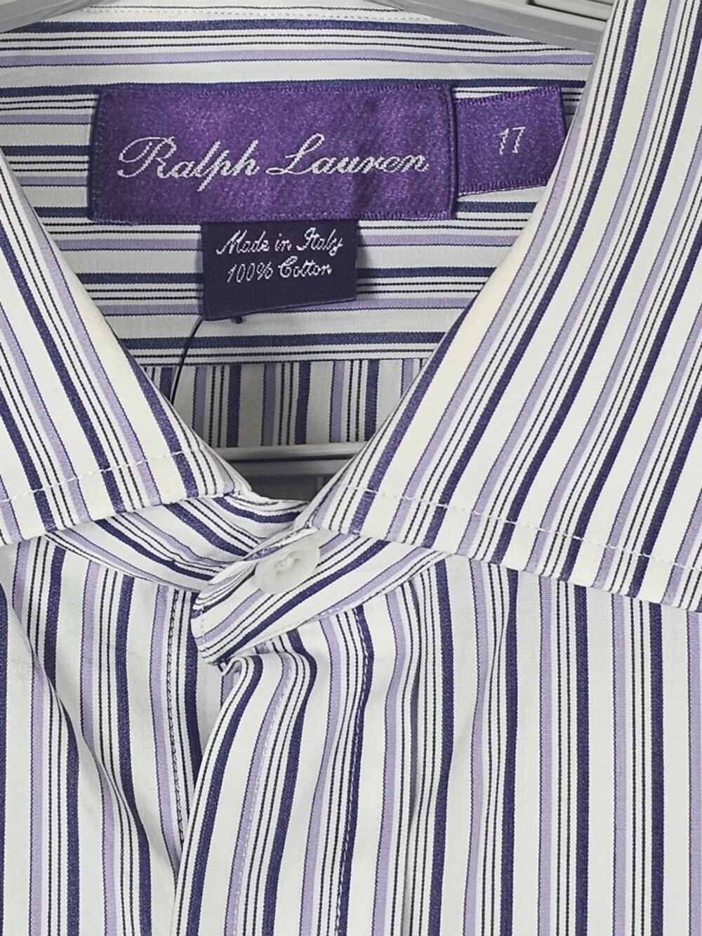 Ralph Lauren Mens Striped Dress Shirt Purple White French Cuff Italy Size 17